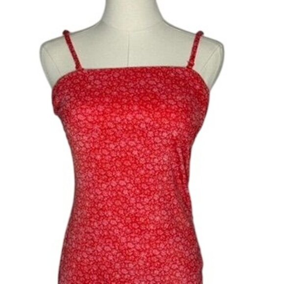 Red Floral Ruched Mesh Assymetrical Midi Dress Womens M Y2K Coquette 90s Beachy - Picture 2 of 12